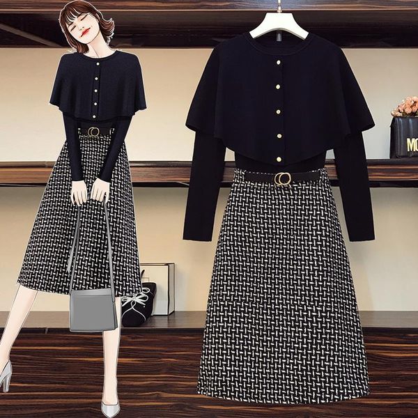 

dress l4xl plus size women knitted 2 piece set winter ruffles cardigan sweater and female woolen plaid belt knee skirts suit, White