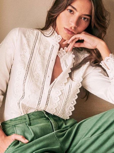 

shirts early spring 2020 lace round neck hollow white cotton inner and outer wear straight longsleeved shirt