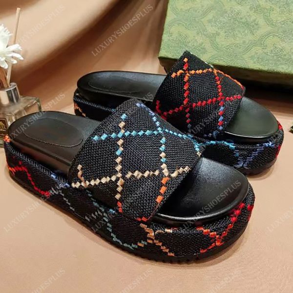 

embroidery slipper designer shoes luxury slippers fashion sliders platform slides women heel slide fashion gradual, Black