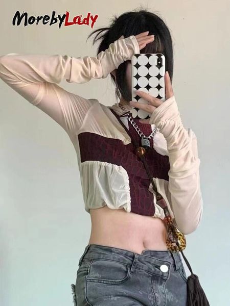 

t-shirt morebylady y2k turtleneck mesh grunge long sleeve t shirt women transparent patchwork tshirt summer fashion clothes 2022, White