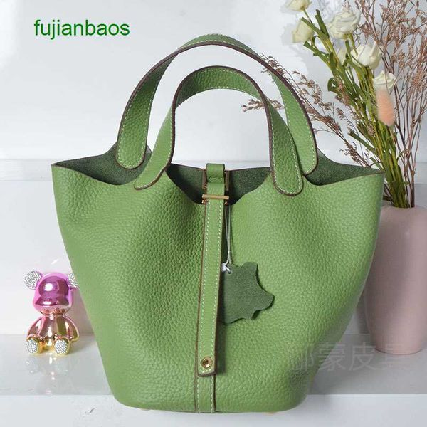

hemres picotn handbags new leather vegetable basket soft leisure and fashion portable women's bag litchi grain cow green carrying bucke, Black