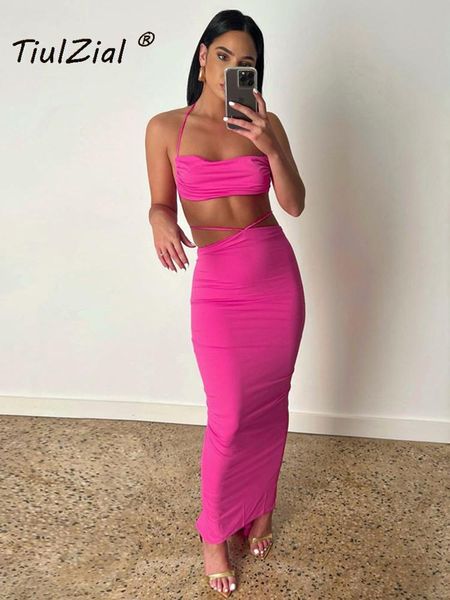 

dress tiulzial women dress set halter crop and split midi skirt tie up summer dress 2 pieces one suit club party backless outfit, White