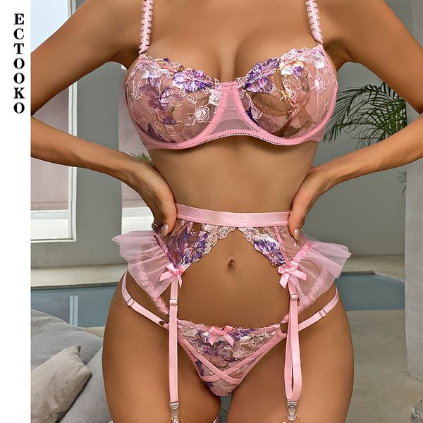 

set ectooko female lingerie stockings ruffles transparent bra and thong 3-pieces intimate hard woman pink fancy underwear 230419, Red;black