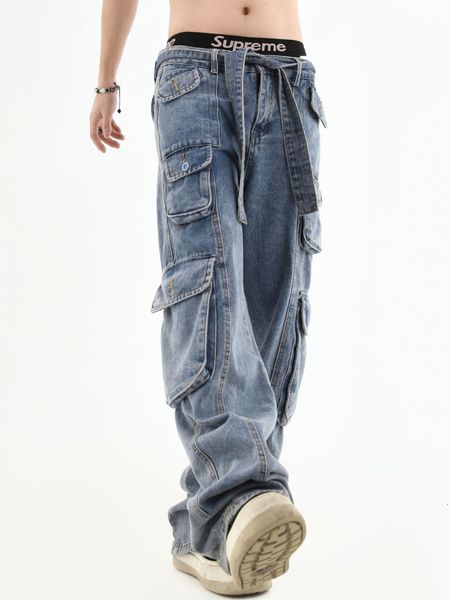 

men's jeans american retro multipocket highwaisted overalls men's y2k high street hip hop gothic couple jeans casual straight leg, Blue