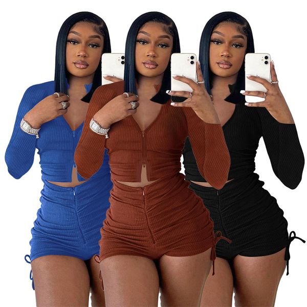 

dress autumn knitted 2 piece short sets women long sleeve zipper up crop and tight biker shorts casual solid clothes streetwear, White