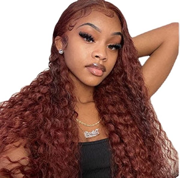 

34 inch reddish brown deep wave lace front wig 13x6 colored 13x4 hd transparent lace, Black;brown