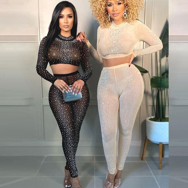

pants mesh sheer rhinestone 2 piece set for women club wear party co ord set crop and leggings matching sets birthday outfits, White