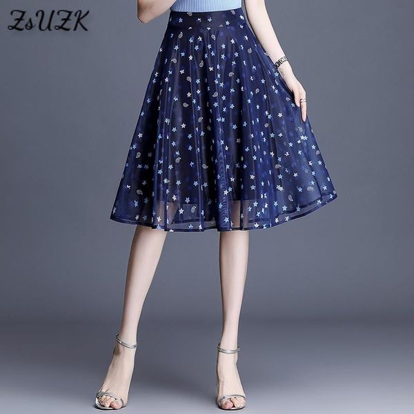 

capris fivepointed star printed skirt 2021 new summer female high waist show thin mesh expansion skirt, Black;white