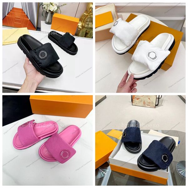 

designer pool pillow comfortable slippers women's nylon straps mule designer women's platform sundown flat rubber outsole sliding, Black