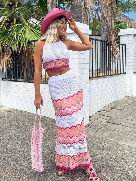 

capris knitted vintage stripes knit 2 pieces sets women halter neck crop and high waist long skirt summer 2022 backless skirts sets, Black;white