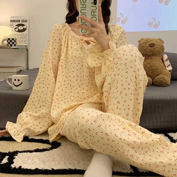 

2023 spring and autumn new round neck pajamas long sleeve pants small little cherry cute lace home fury set