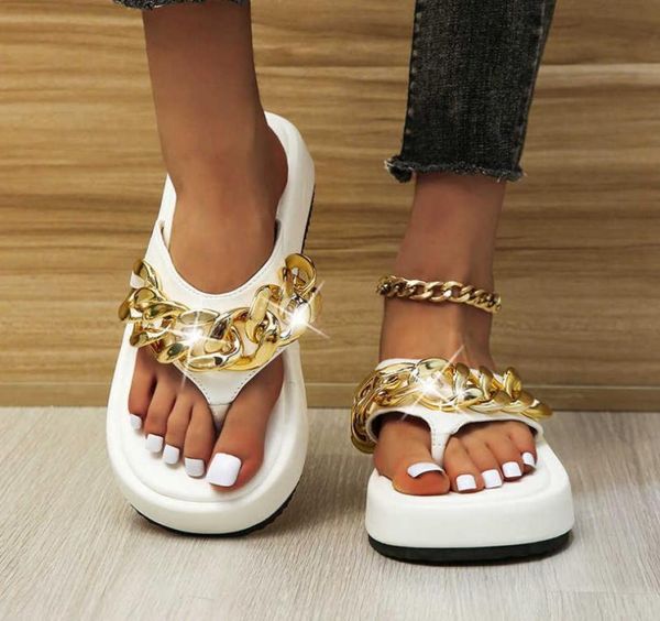 

slippers new plus size herringbone women flat beach shoes 2022 summer vintage metal chain platform womens flipflops sandals y23027603445, Black