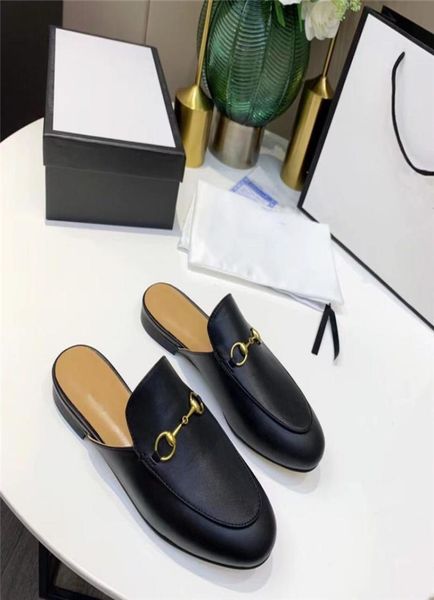 

2022 designer princetown slippers genuine leather mules women loafers metal chain casual shoe lace velvet slipper with box3568700, Black