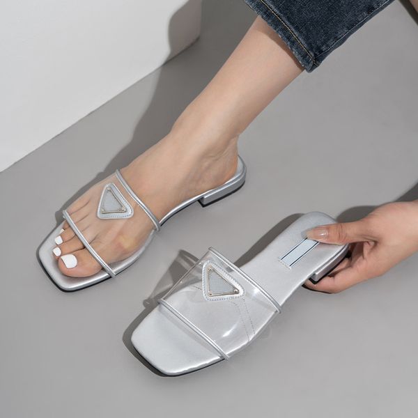 

women summer slippers famous sandals luxury slides shoes ladies flip flops transparent pvc flat enameled metal p triangle mark sandles panto, Black