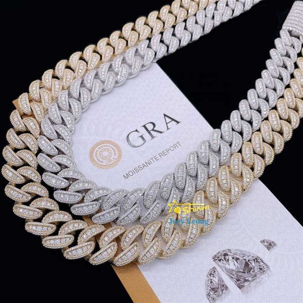 

hip hop jewelry 20mm 3 rows round shape iced out 925 silver moissanite diamond cuban link chain men necklace