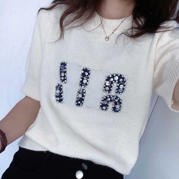 

fashion sweater miu tank r t shirt wool knitwear summer ladies round neck tee pullover beaded embroidery casual shirt, White;black