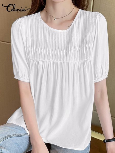 

t-shirt celmia short puff sleeve pleated blusas casual femme shirts women summer blouses round neck oversize solid color fashion tunic, White