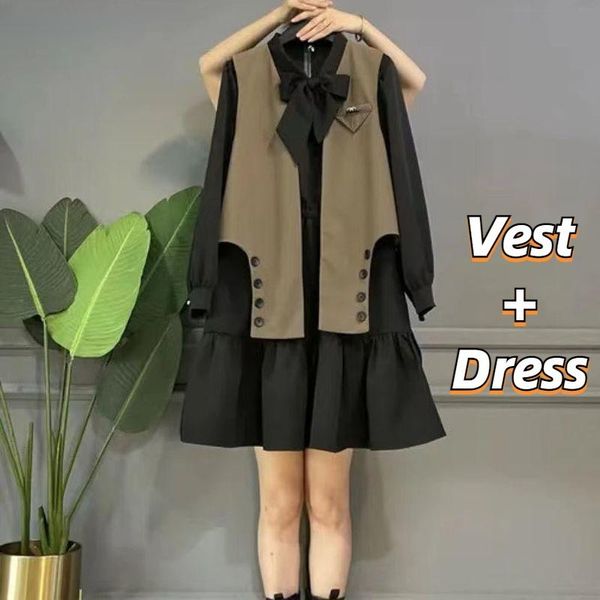 

dress vestido de talla grande con lazo para mujer conjunto de dos piezas de manga larga chaleco holgado falda elegante de estilo info, White