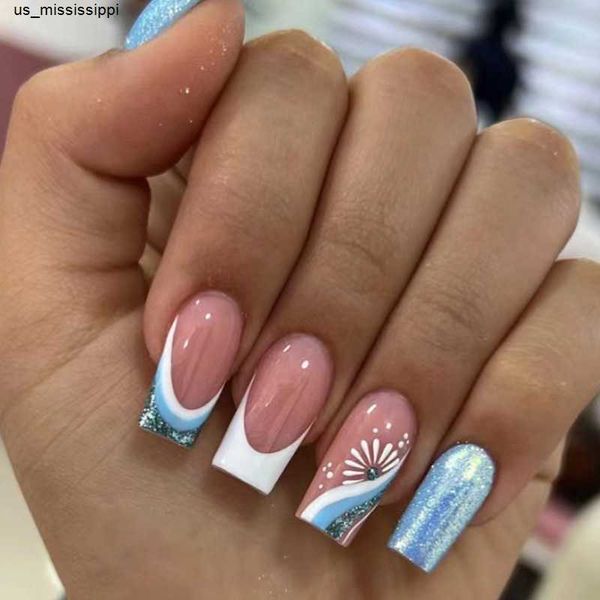

false nails 24pcs blue spoondrift false nails glitter sequin design glossy fake nail coffin midlength artificial nail tips for girls women j, Red;gold