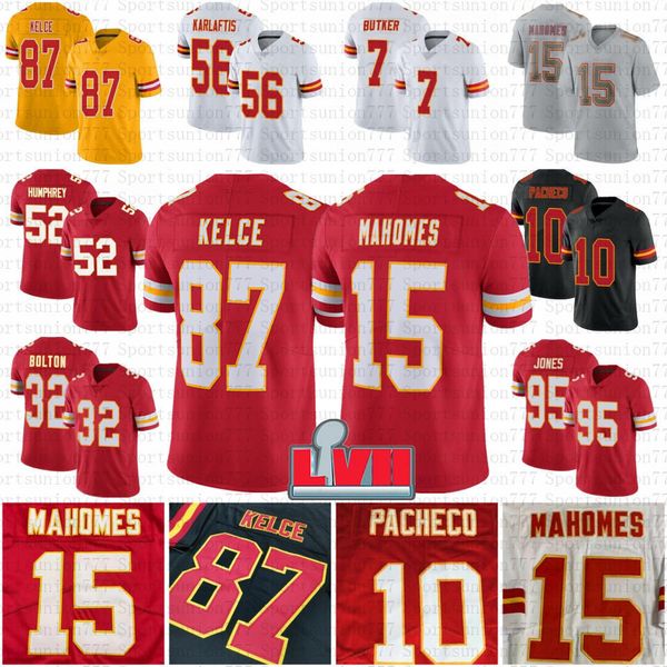 

patrick mahomes isiah pacheco travis kelce football jersey creed humphrey chris jones kadarius toney nick bolton harrison butker george karl, Black;red