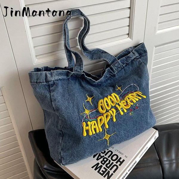

shoulder bags y2k big letter design denim style tote for women spring casual ladies handbags large capacity side bag