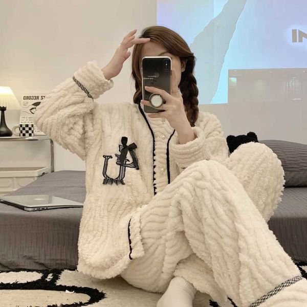 

coral velvet pajamas autumn and winter women's large internet red small fragrance sweet thickened warm home clothing two-piece set