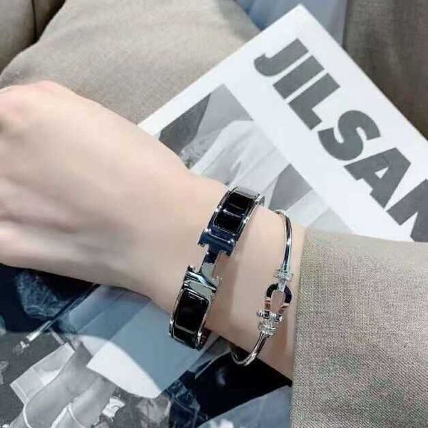 

designer bracelets herms bangle sterling silver enamel couple female button letter mens and womens milk tea gold edge pink gift beautiful, Black