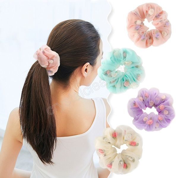 

korean hairbands large sweet flower elastic hair bands for women girls headwear ponytail holder rope fashion hair accessories, Slivery;white
