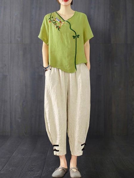 

pants 2 piece sets women casual suits new 2022 summer vintage floral embroidery cotton linen female and anklelength pants d250, White
