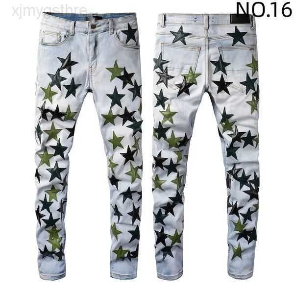 

men black ripped jeans designer pants for middle waist slim fit leopard patch long light blue printing cotton self-cultivation make old wash