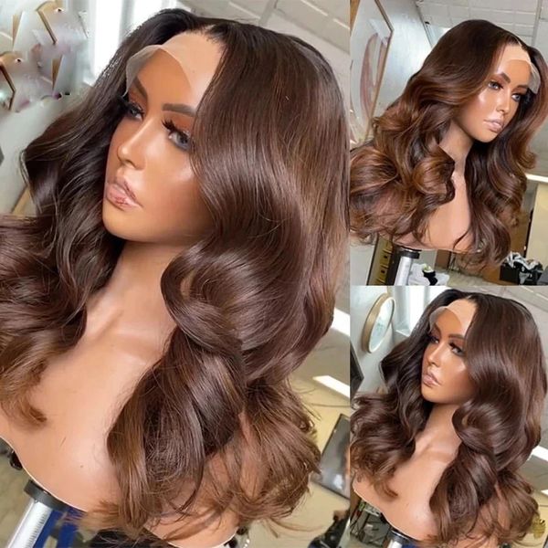 

#4 light brown body wave colored human hair wigs for women 13x4 hd lace front wig chocolate brown color 180%, Black;brown