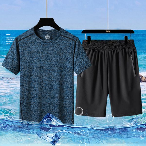 

men's tracksuits summer quick dry mens sports suit ice silk tshirt and shorts casual two piece set breathable male short sleeve set siz, Gray