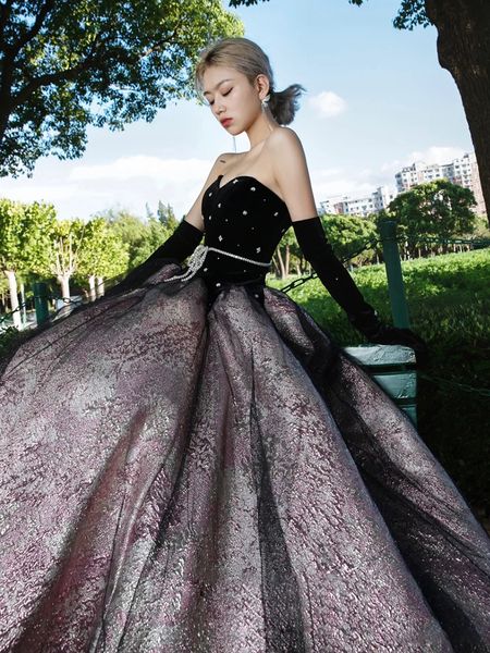 

luxury black celebrity dresses pearl chain women princess a-line strapless prom evening party gowns custom high-end vestido de festa, Black;red