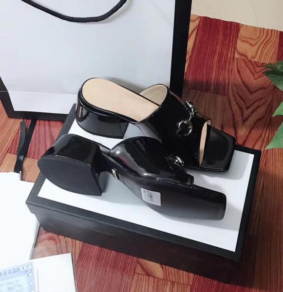 

classic designer women slippers cowhide 100 bright lacquer leather thick heels metal woman shoe beach lazy sandals high heeled sh5467581, Black