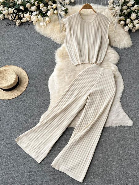 

pants singreiny temperament casual knitted women sets summer 2022 o neck solid elastic waist wide leg pants fashion two piece set, White