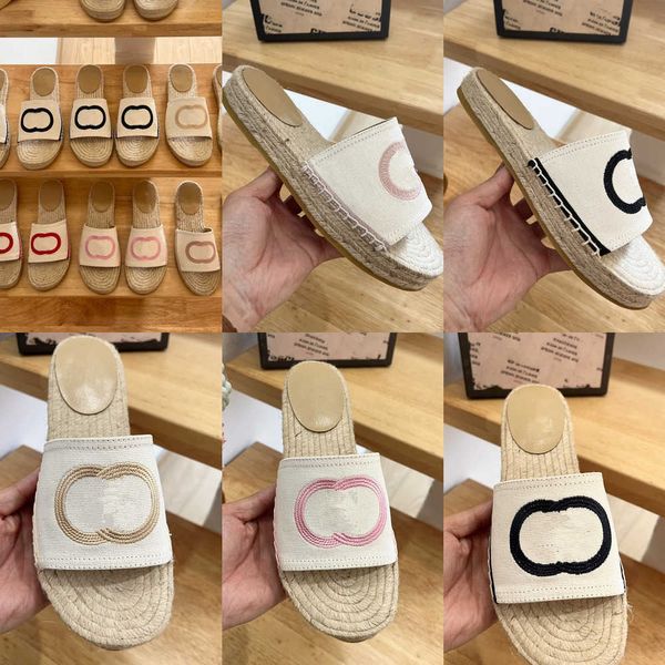 

embroidery espadrilles logo slippers women ladies branded summer shoes double g letters embroidered canvas slides interlocking platform stra, Black