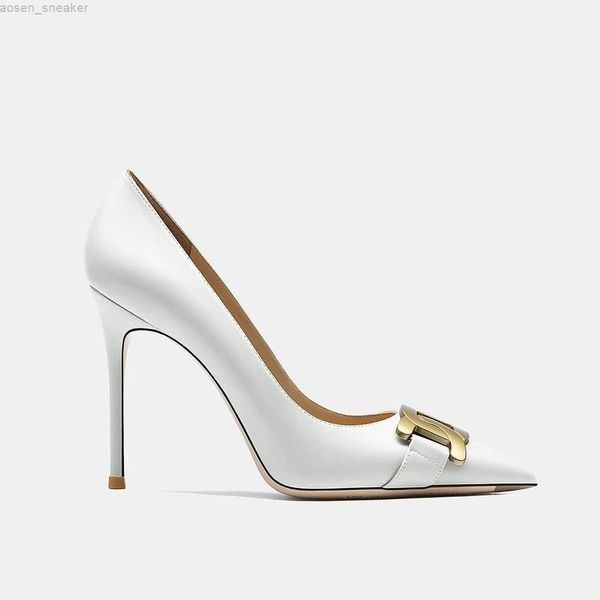 

new genuine leather brand pumps women high heel shoes wedding shoes pointed toe thin heel fashion metal button office shoes 0419, Black