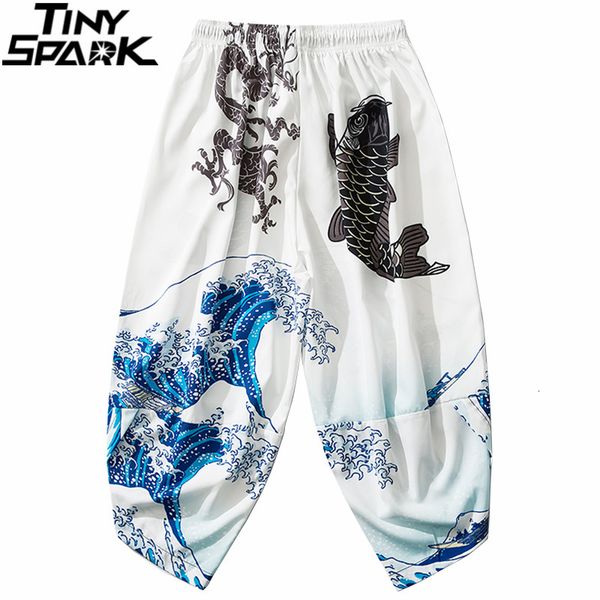 

mens pants hip hop japanese sweatpants joggers mens streetwear harajuku ukiyoe dragon koi fish printed baggy pants thin japan style 230419, Black