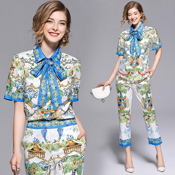 

dress 2021 summer designer fashion runway sets women shortsleeve bow tie shirts + casual pattern print pants set, White