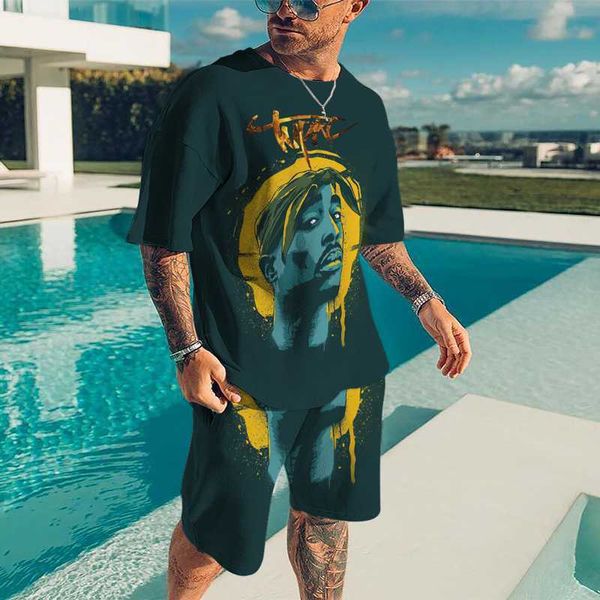 

tracksuits men's suit summer sportswear 3d rapper 2pac figure print t-shirt and shorts jogging fitness short sleeve casual sport, Gray