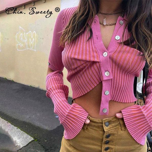 

sweaters knitted pink women's cropped sweater cardigan 2021 autumn y2k buttons detachable long sleeves knitwear ladies street top, White;black