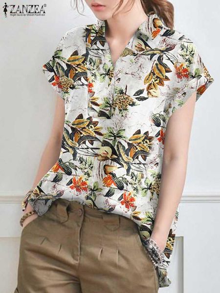 

t-shirt zanzea summer vintage floral printed shirt women lapel neck short sleeve blouse casual work blusas bohemian cotton tunic, White