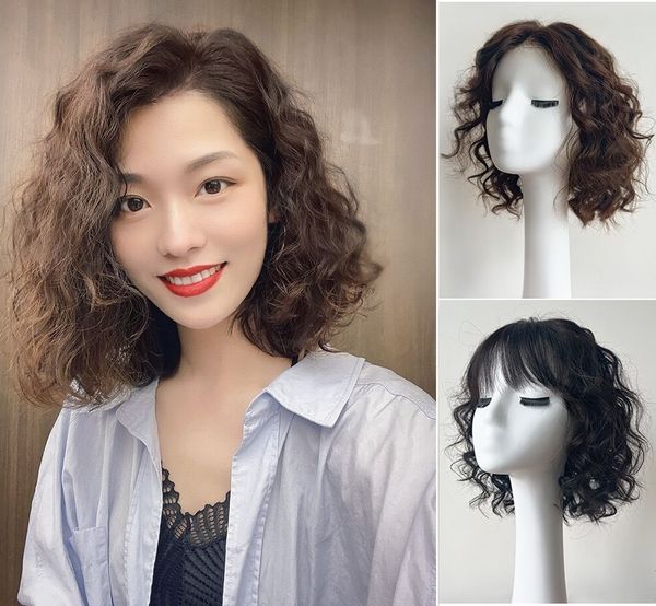 

fashion retro wavy curly full wig,part hand tied lace front jewish wigs 14",110% high density., Black;brown