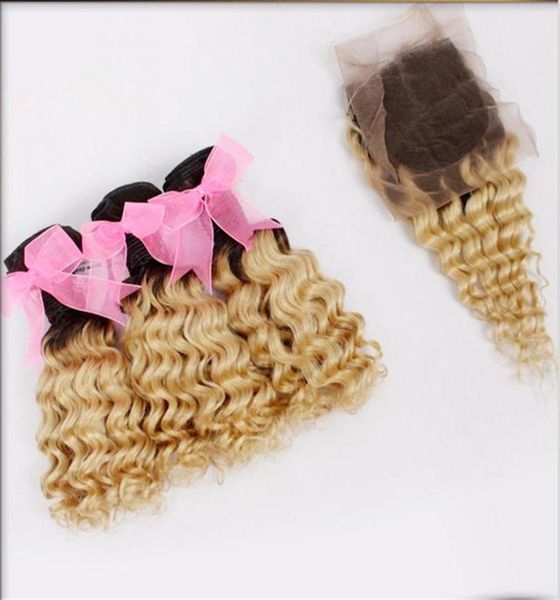 

9a virgin brazilian deep curly wave ombre 3bundles with closure t1b613 curly hair weaves with closure dark roots blonde hair wit6872987, Black