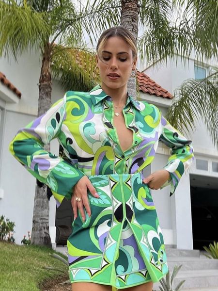 

dress ptysic fashion women green print shirt set 2022 new summer single breasted high waist straight skirts 2 pcs streetwear, White