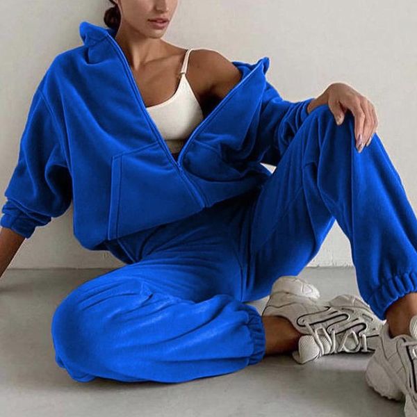 

pants female long sleeve pockets sweatshirt mid waist long pant suits fashion solid zipper sportwear autumn women tracksuits sets, White