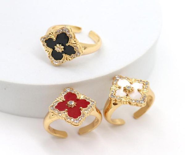 

natural shell clover luxury designer bang rings for women with shining bling crystal lucky 18k gold open ring jewelry1684244, Silver