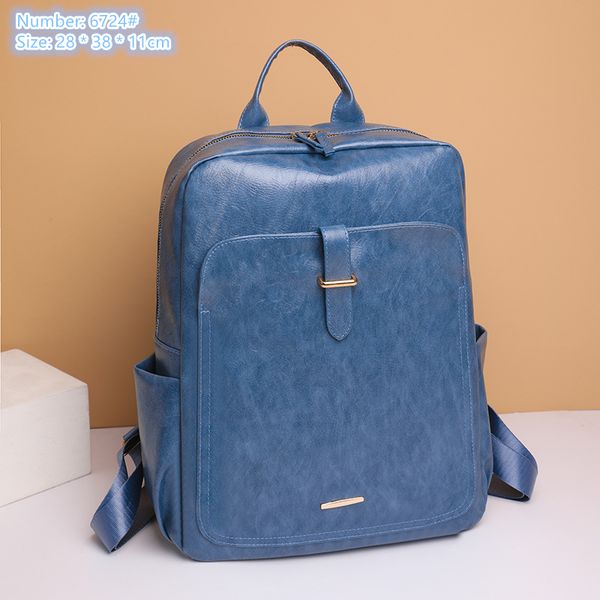 

Factory sales shoulder bags 4 colors soft, waterproof and wear-resistant leather backpack college style solid color student bag outdoor travel backpacs 6724#, Blue