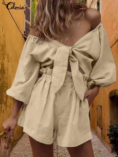 

dress celmia fashion 2 pieces sets street women off shoulder 3/4 sleeve crop and short pants sets 2022 summer matching sets, White