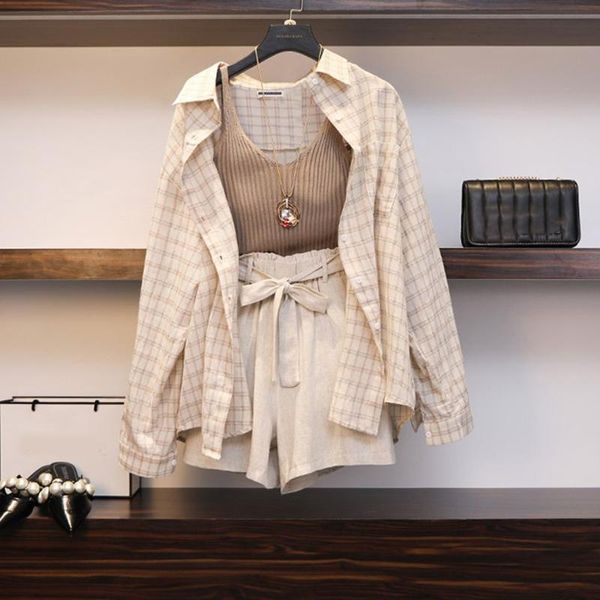 

dress spring summer women three piece sets casual linen plaid + shorts elastic waist wide leg pants suit set 3 piece set, White